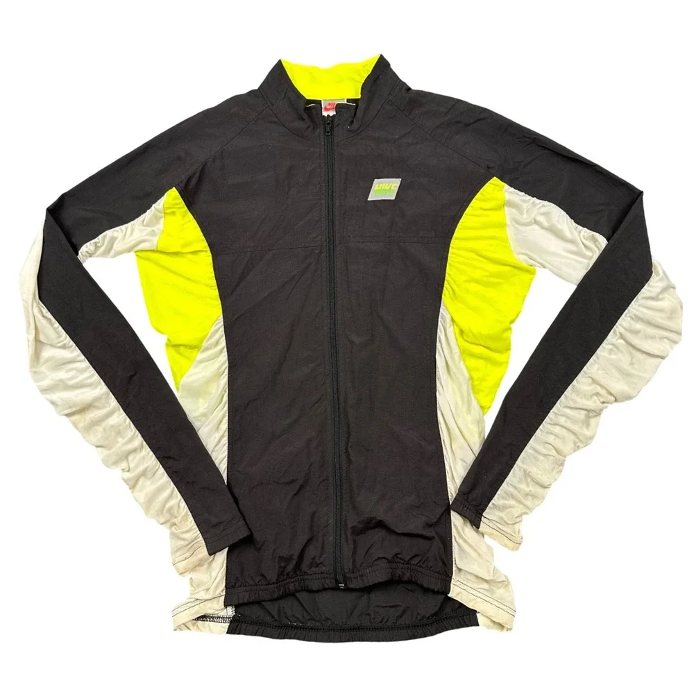 Vintage Nike Cycling Jacket Mens Medium Black Neon Yellow Made in USA Distressed